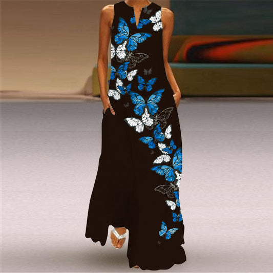 Satchels & Beyond Summer Deep V-neck Sleeveless Printed Maxi Dress