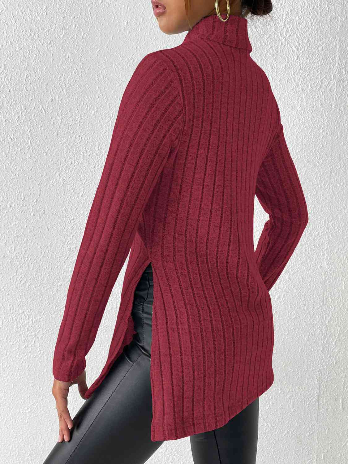 Satchels & Beyond Ribbed Turtleneck Long Sleeve Slit T-Shirt