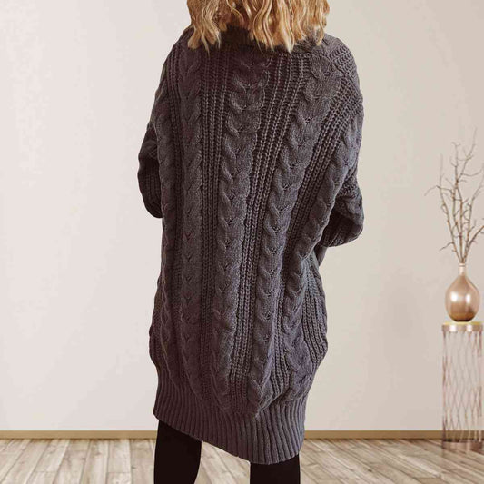 Satchels & Beyond Cable-Knit Open Front Dropped Shoulder Cardigan