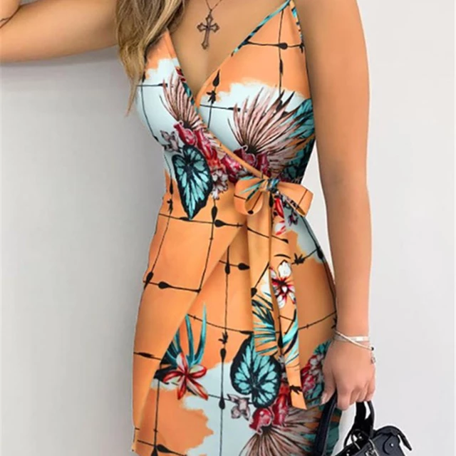 SATCHELS&BEYOND TROPICAL PRINT V-NECK WRAP MINI DRESS