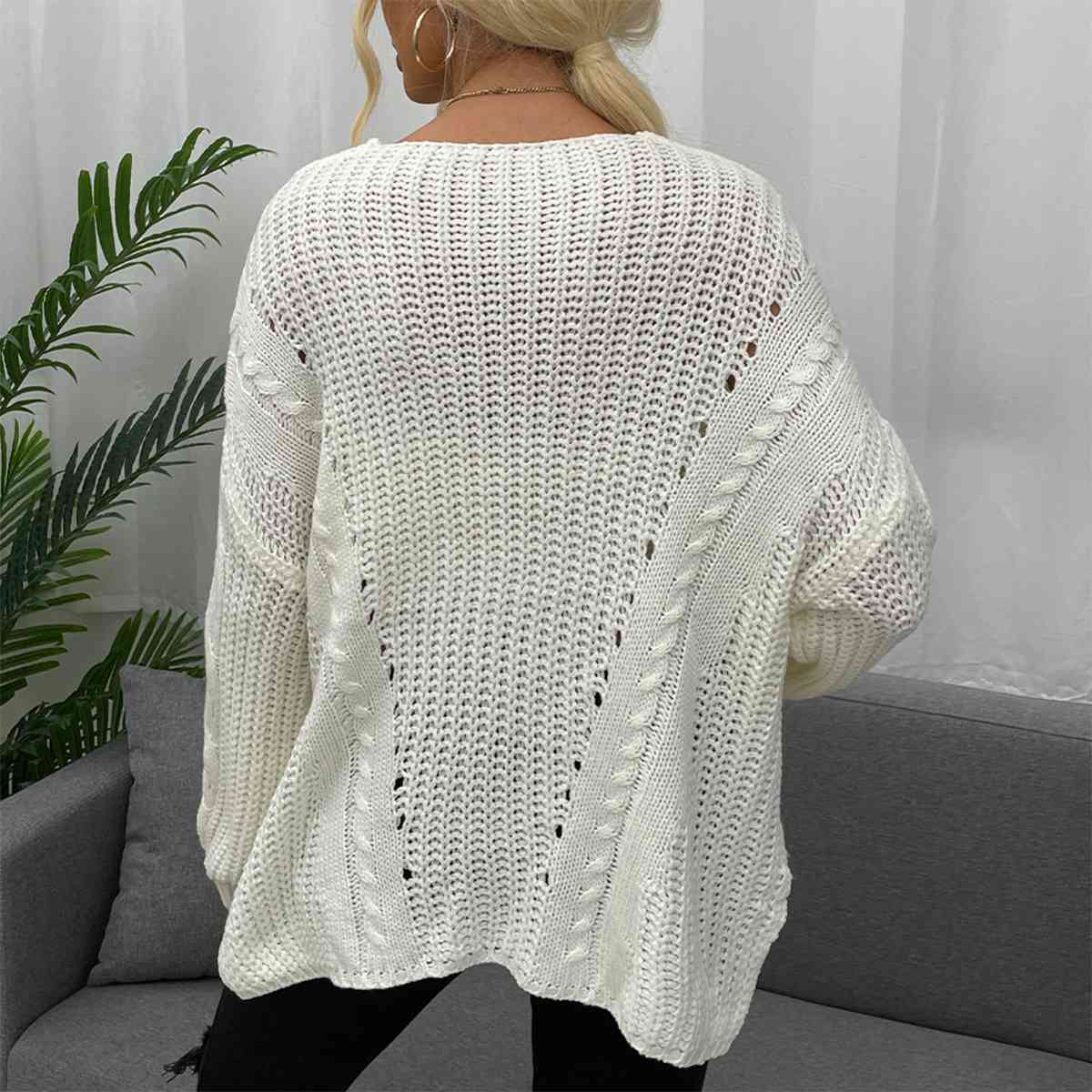 Satchels & Beyond Openwork V-Neck Long Sleeve Sweater
