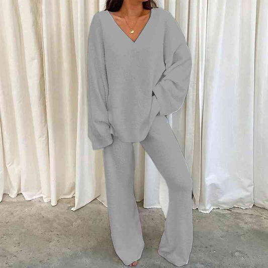 Satchels & Beyond V-Neck Long Sleeve Top and Long Pants Set