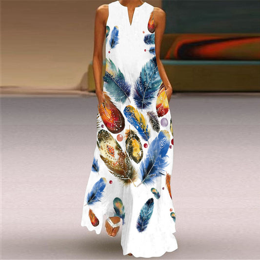 Satchels & Beyond Summer Deep V-neck Sleeveless Printed Maxi Dress