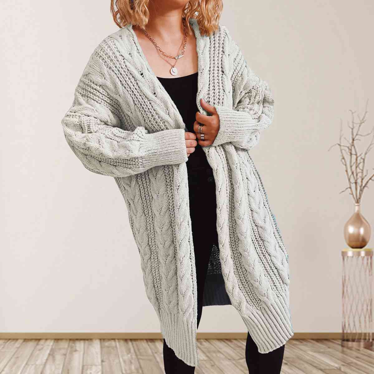 Satchels & Beyond Cable-Knit Open Front Dropped Shoulder Cardigan