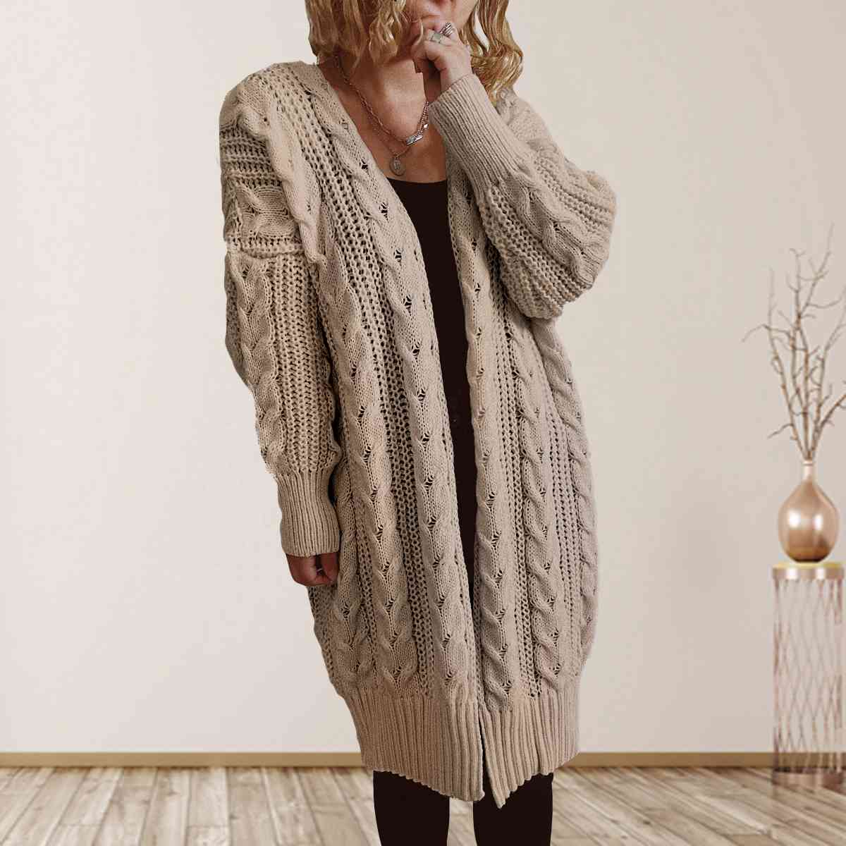 Satchels & Beyond Cable-Knit Open Front Dropped Shoulder Cardigan