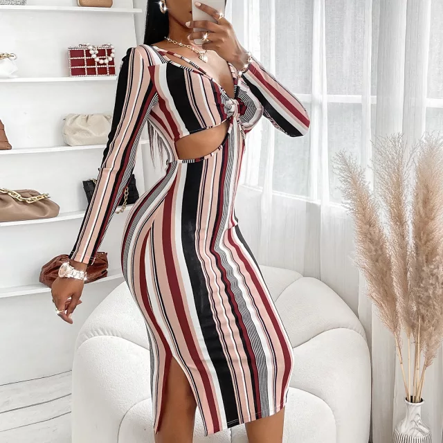 Satchels & Beyond Long Sleeve  Bodycon Casual Stripe Dress