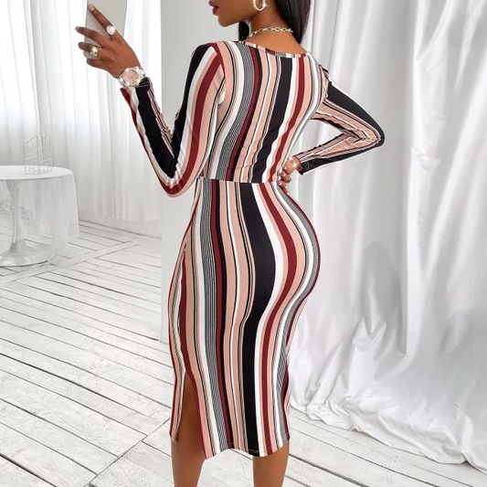 Satchels & Beyond Long Sleeve  Bodycon Casual Stripe Dress