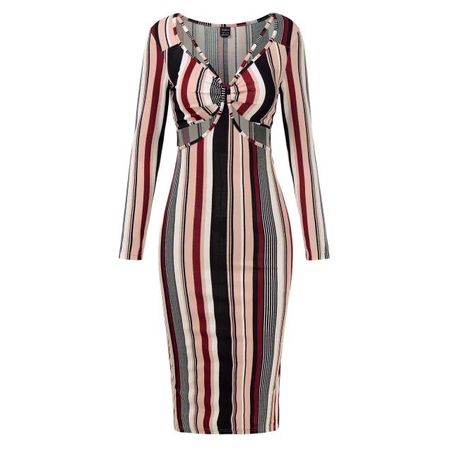 Satchels & Beyond Long Sleeve  Bodycon Casual Stripe Dress