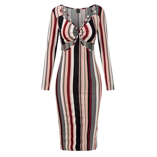 Satchels & Beyond Long Sleeve  Bodycon Casual Stripe Dress