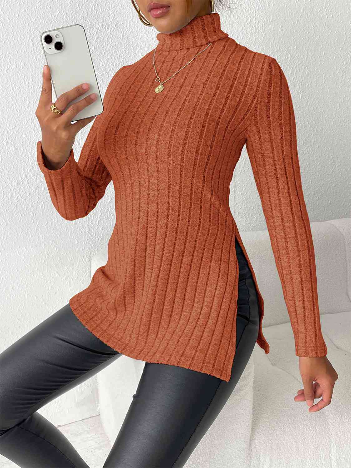 Satchels & Beyond Ribbed Turtleneck Long Sleeve Slit T-Shirt