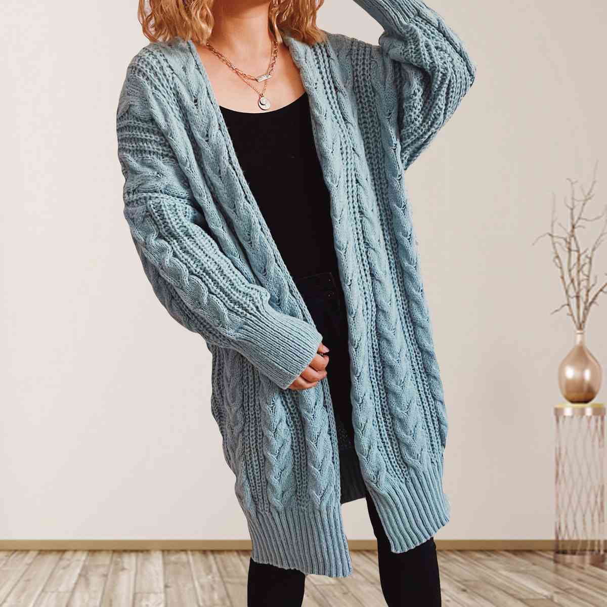 Satchels & Beyond Cable-Knit Open Front Dropped Shoulder Cardigan
