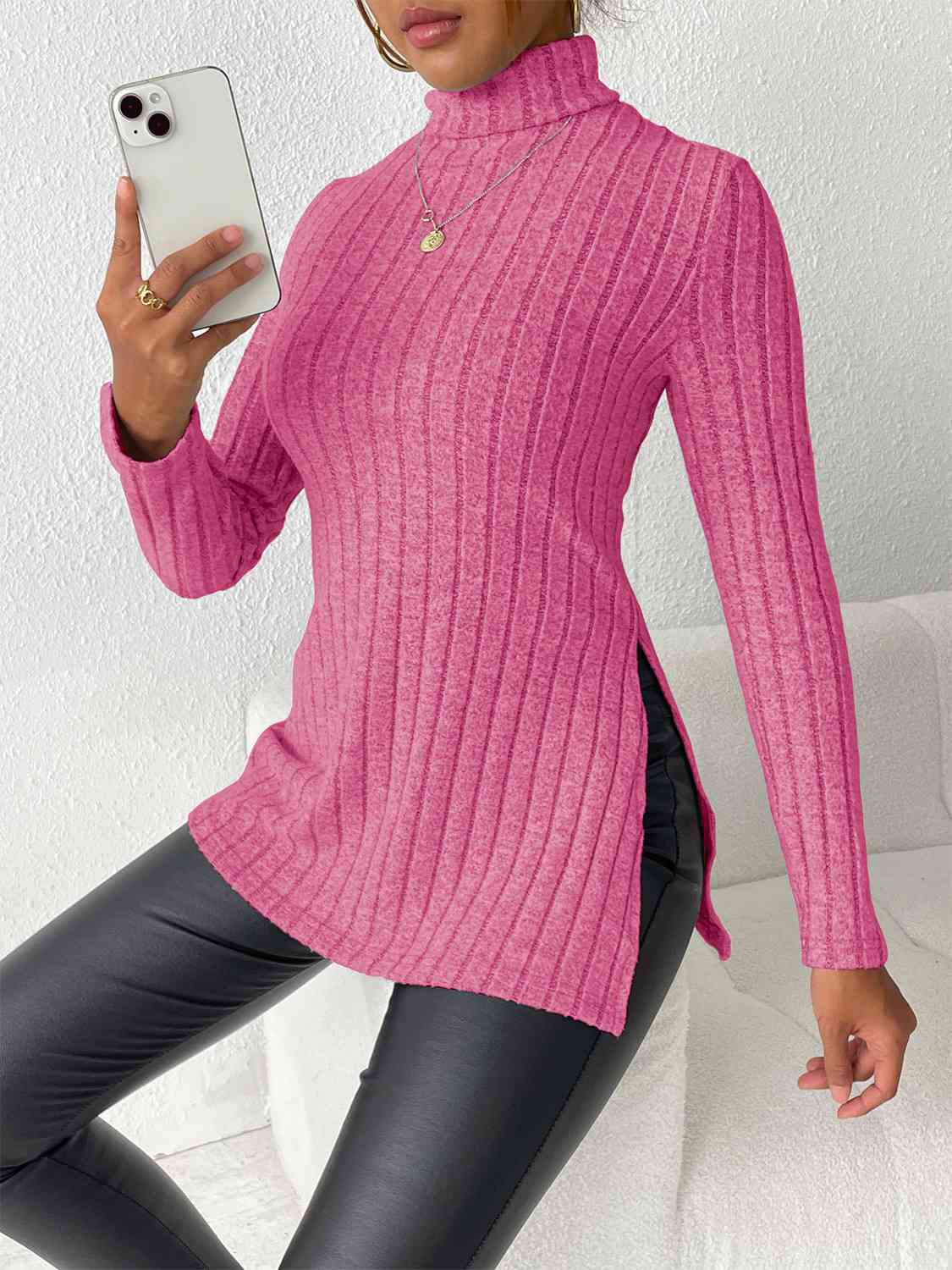 Satchels & Beyond Ribbed Turtleneck Long Sleeve Slit T-Shirt