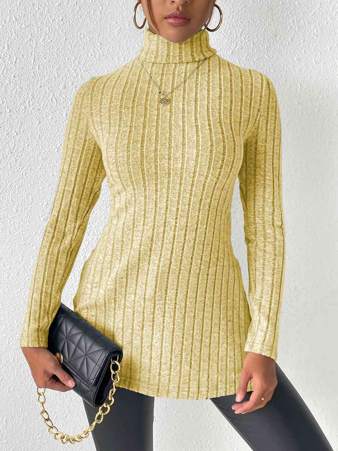 Satchels & Beyond Ribbed Turtleneck Long Sleeve Slit T-Shirt