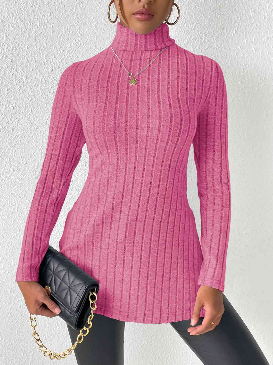 Satchels & Beyond Ribbed Turtleneck Long Sleeve Slit T-Shirt