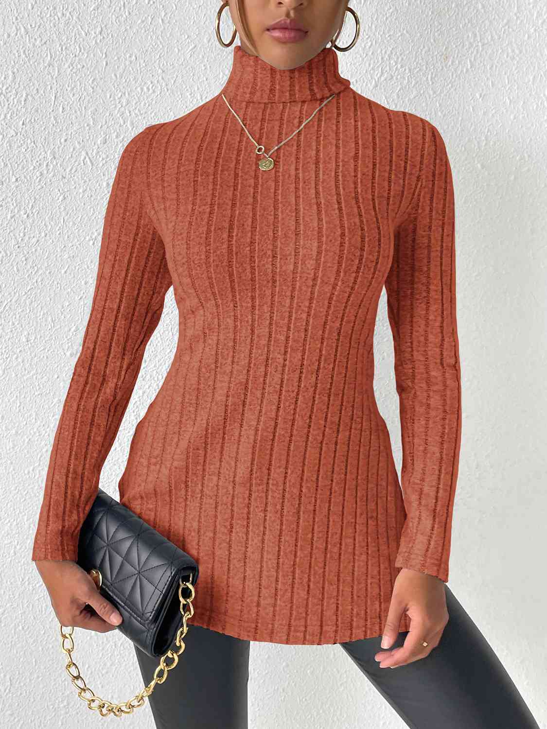 Satchels & Beyond Ribbed Turtleneck Long Sleeve Slit T-Shirt