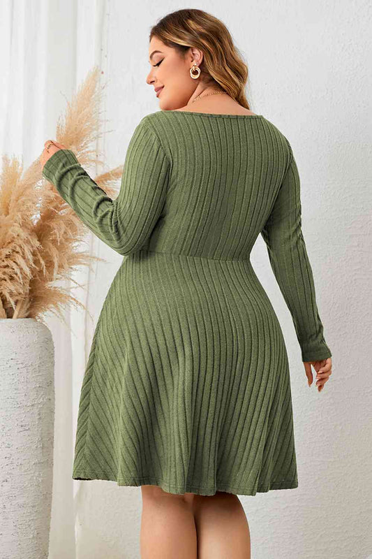 Satchels & Beyond Plus Size Sweetheart Neck Long Sleeve Ribbed Dress