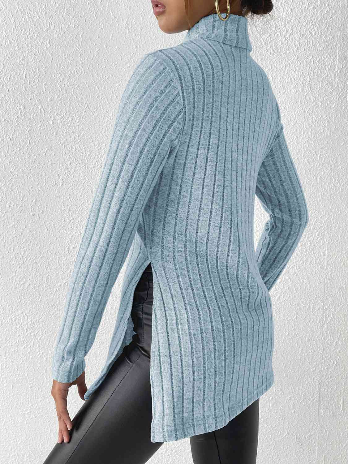 Satchels & Beyond Ribbed Turtleneck Long Sleeve Slit T-Shirt