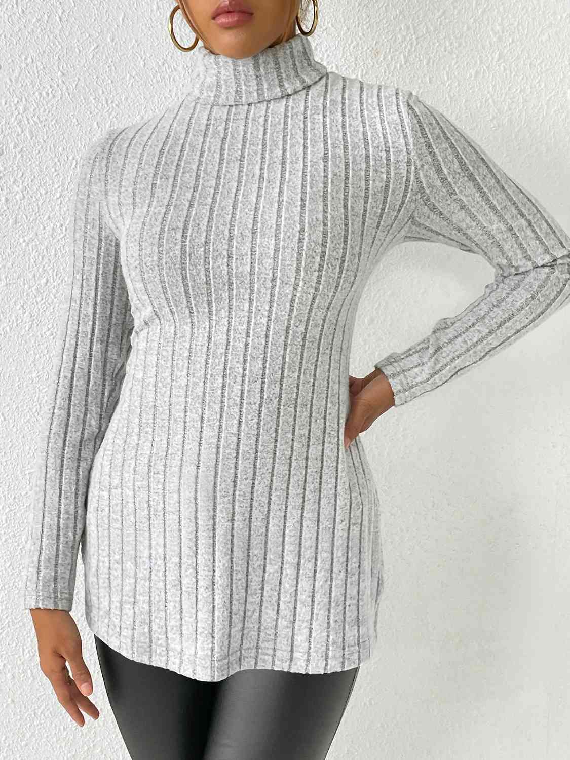 Satchels & Beyond Ribbed Turtleneck Long Sleeve Slit T-Shirt