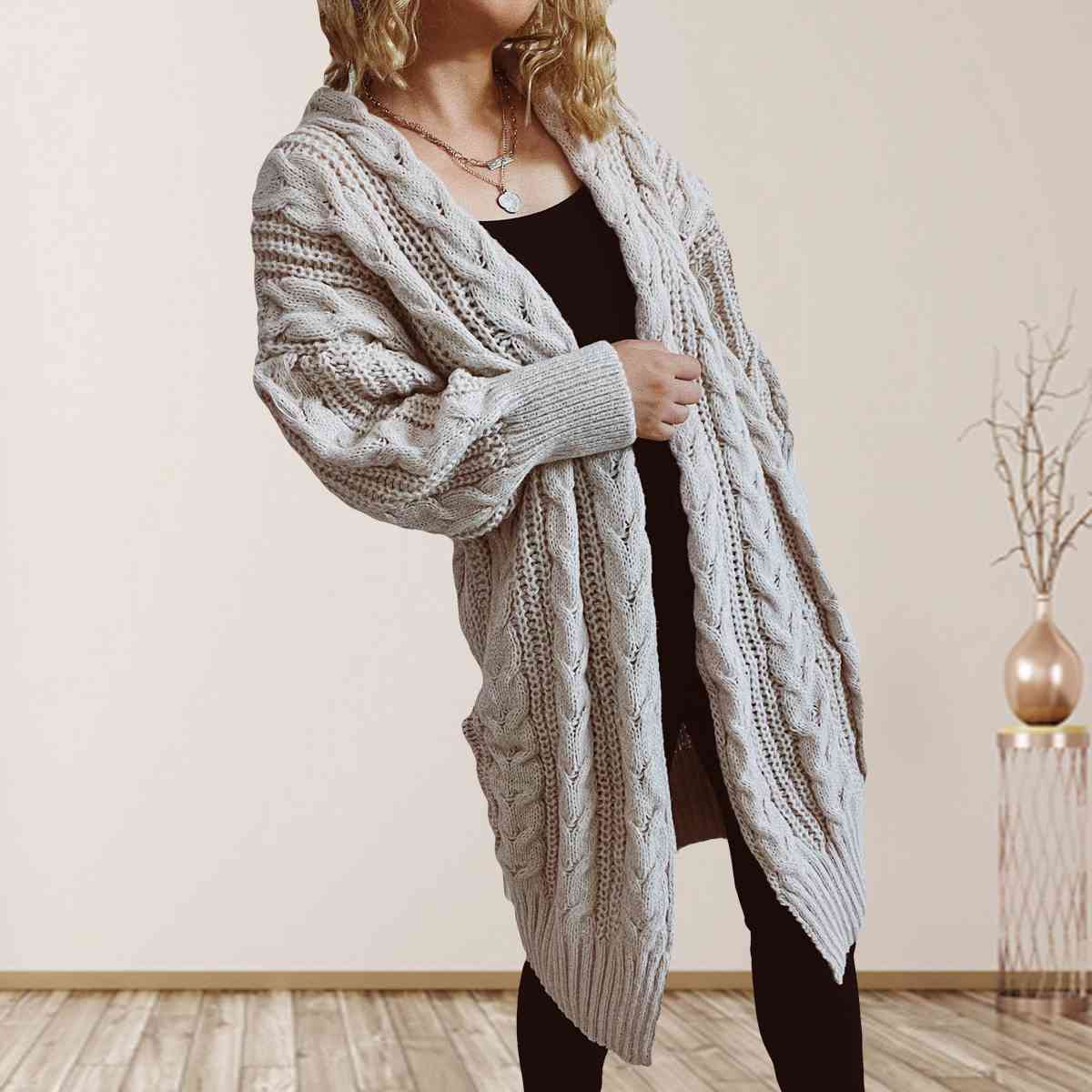 Satchels & Beyond Cable-Knit Open Front Dropped Shoulder Cardigan