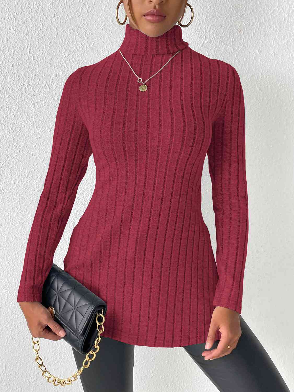 Satchels & Beyond Ribbed Turtleneck Long Sleeve Slit T-Shirt