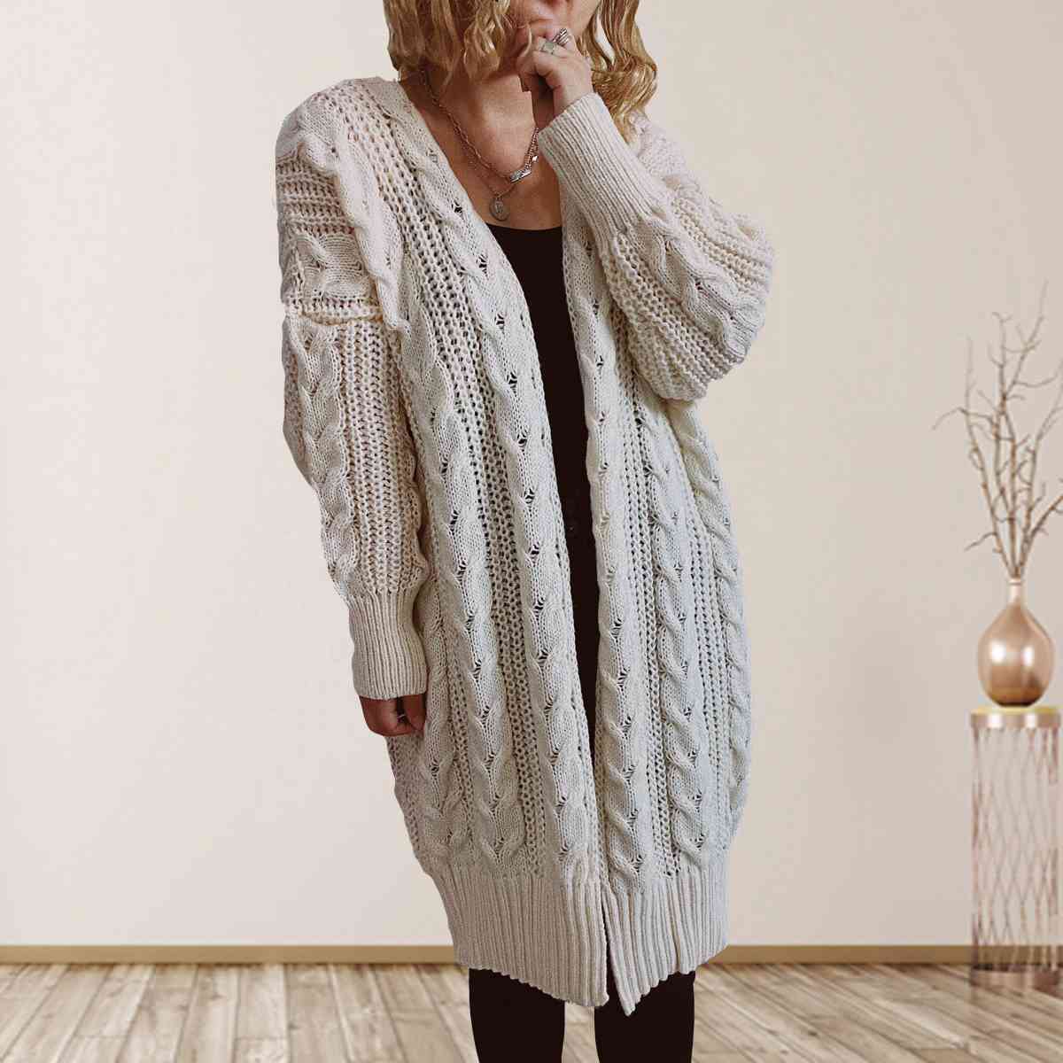 Satchels & Beyond Cable-Knit Open Front Dropped Shoulder Cardigan