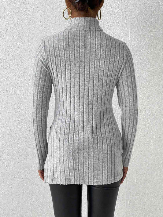 Satchels & Beyond Ribbed Turtleneck Long Sleeve Slit T-Shirt