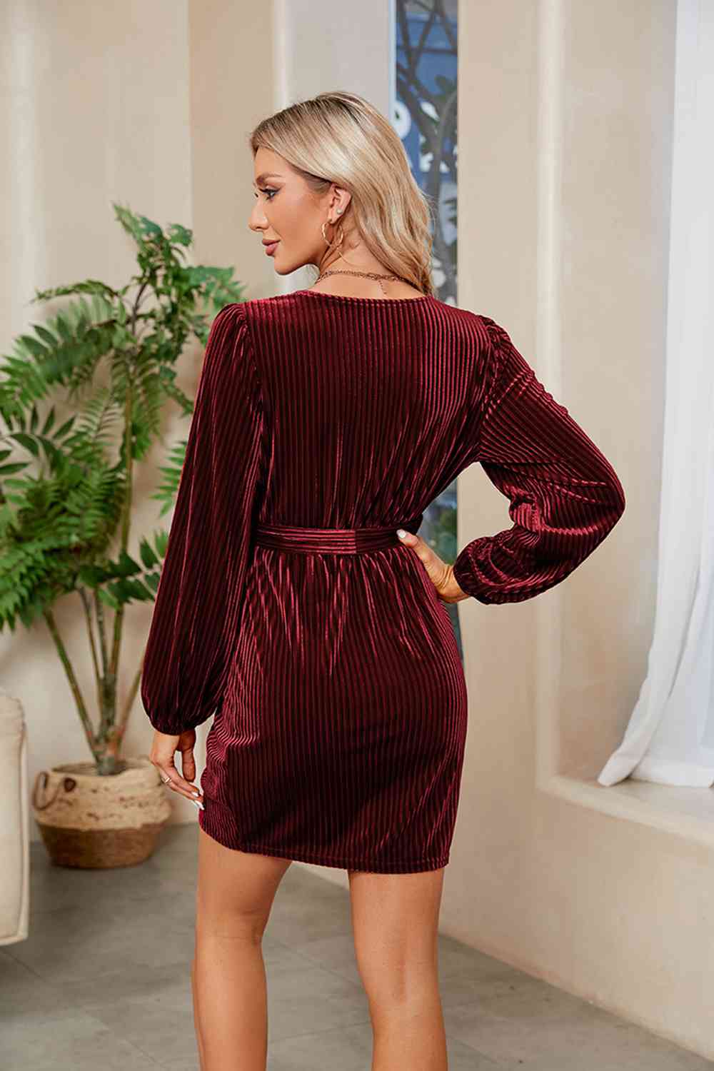 Satchels & Beyond Ribbed Tie Front Mini Dress