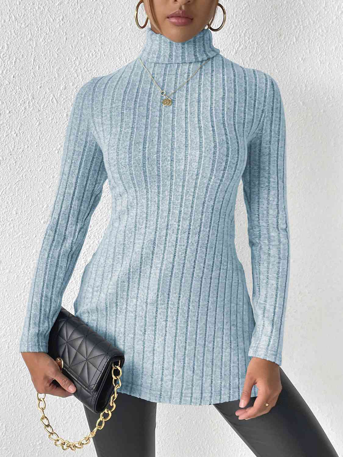 Satchels & Beyond Ribbed Turtleneck Long Sleeve Slit T-Shirt