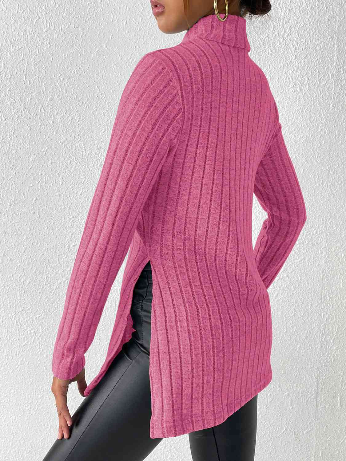 Satchels & Beyond Ribbed Turtleneck Long Sleeve Slit T-Shirt