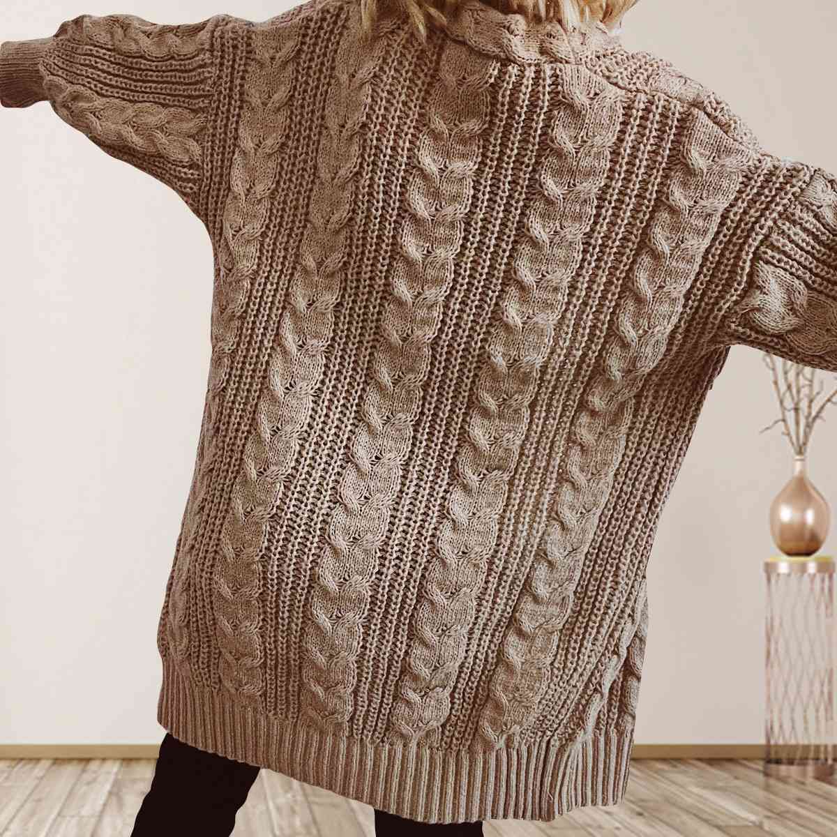 Satchels & Beyond Cable-Knit Open Front Dropped Shoulder Cardigan