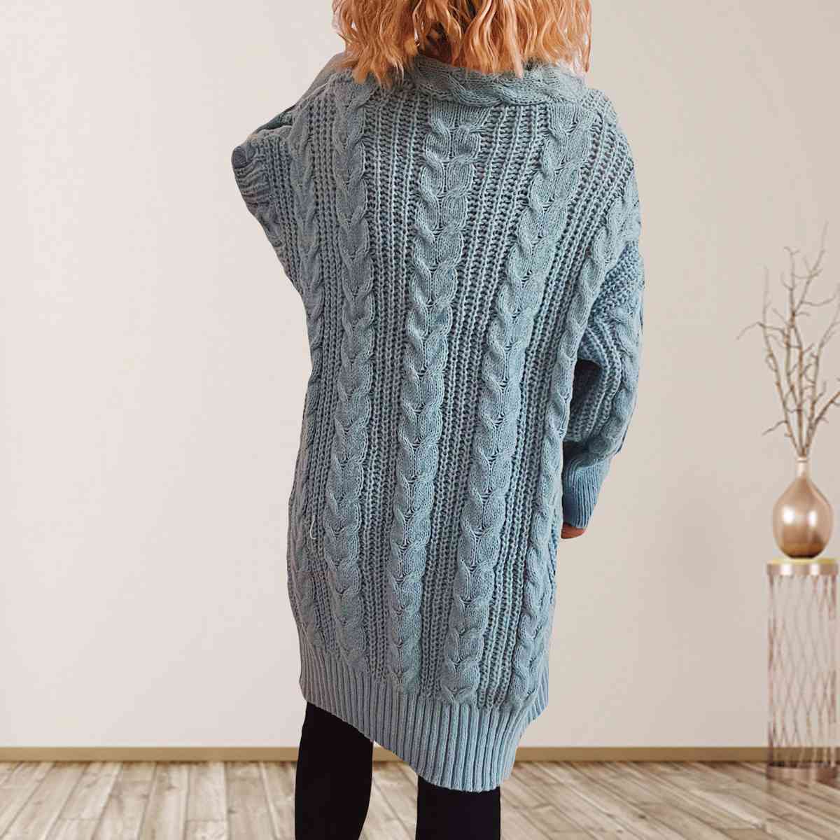 Satchels & Beyond Cable-Knit Open Front Dropped Shoulder Cardigan