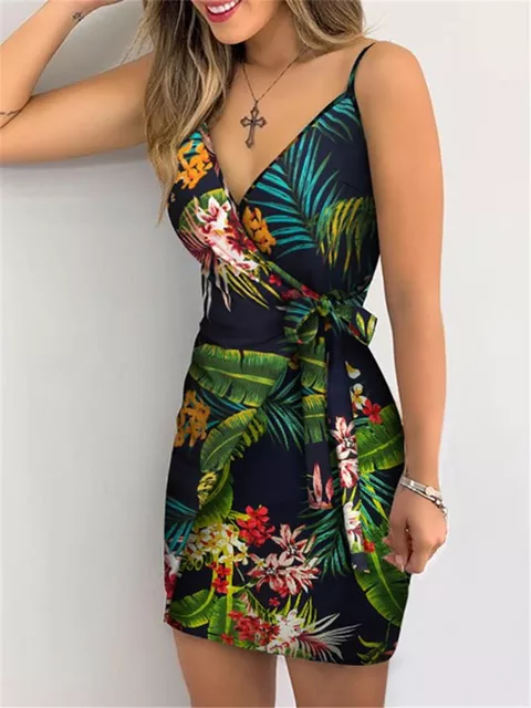 SATCHELS&BEYOND TROPICAL PRINT V-NECK WRAP MINI DRESS