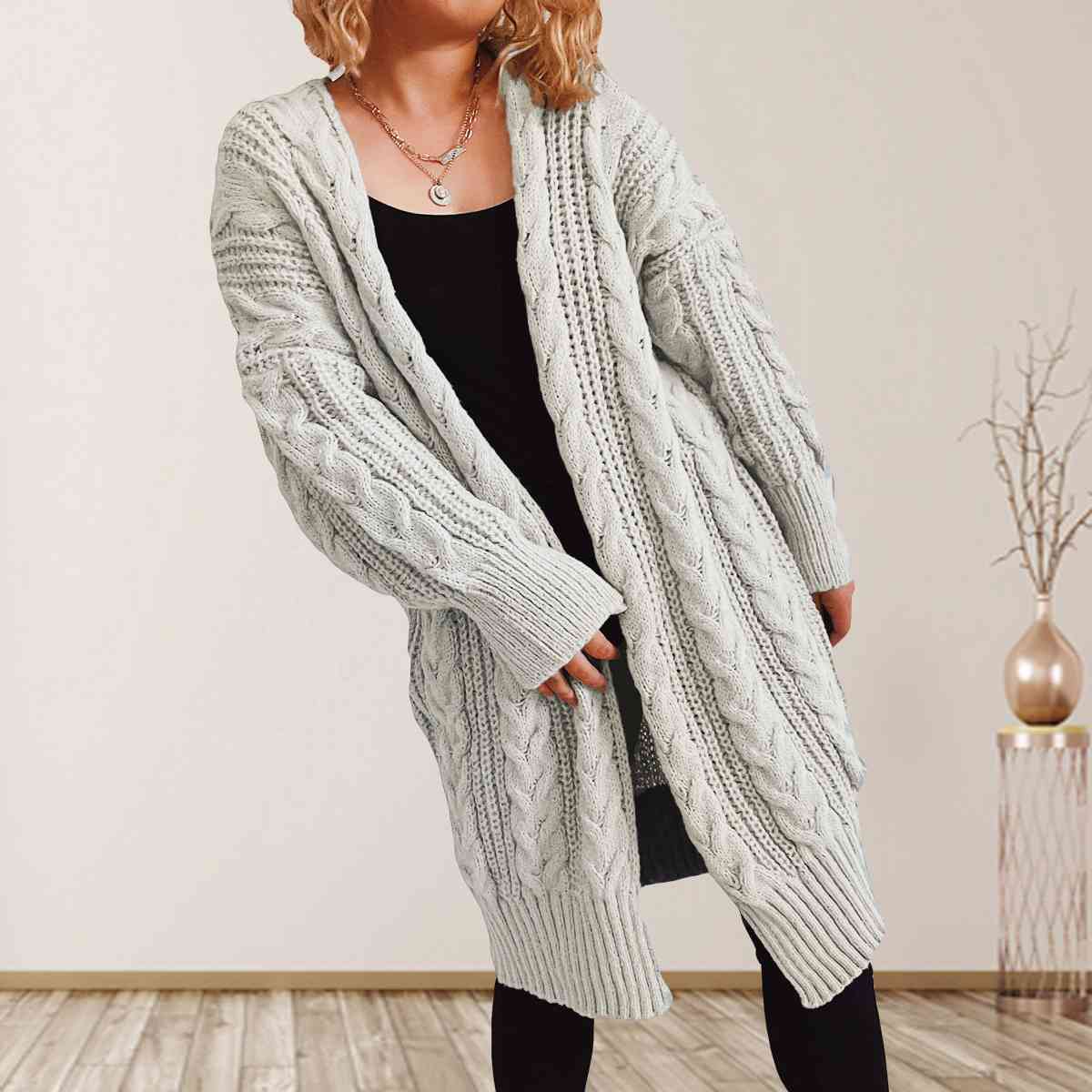 Satchels & Beyond Cable-Knit Open Front Dropped Shoulder Cardigan