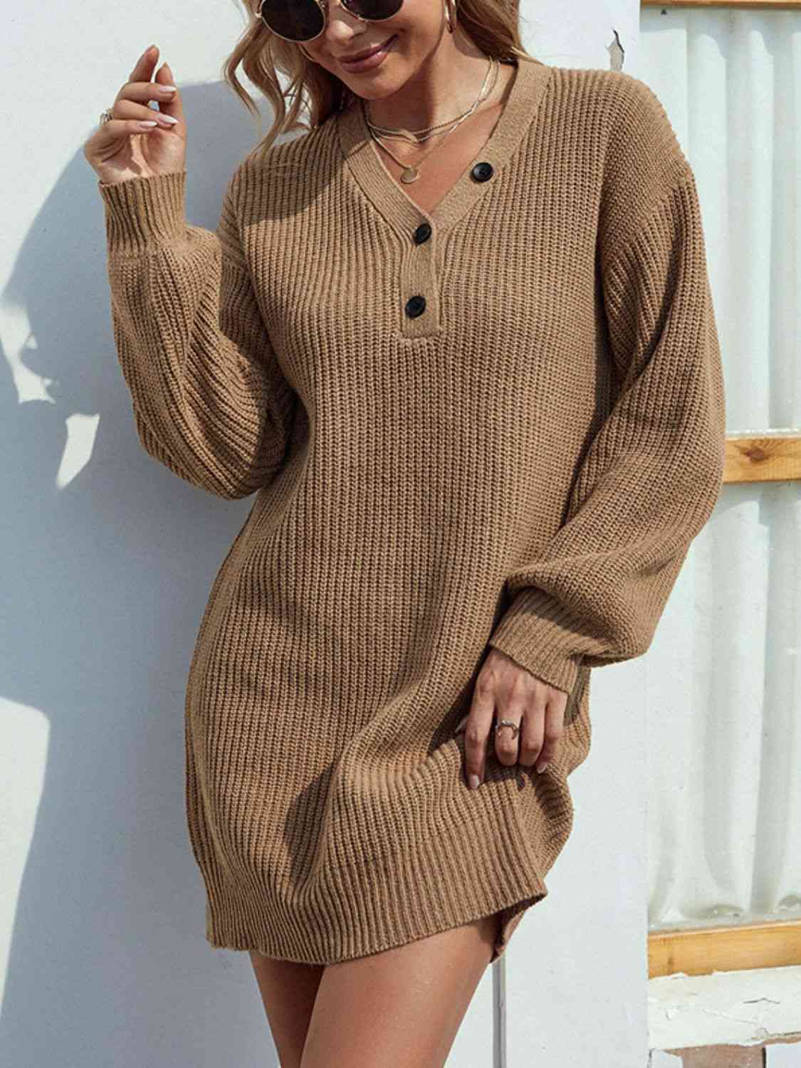 Satchels & Beyond Buttoned V-Neck Sweater Dress