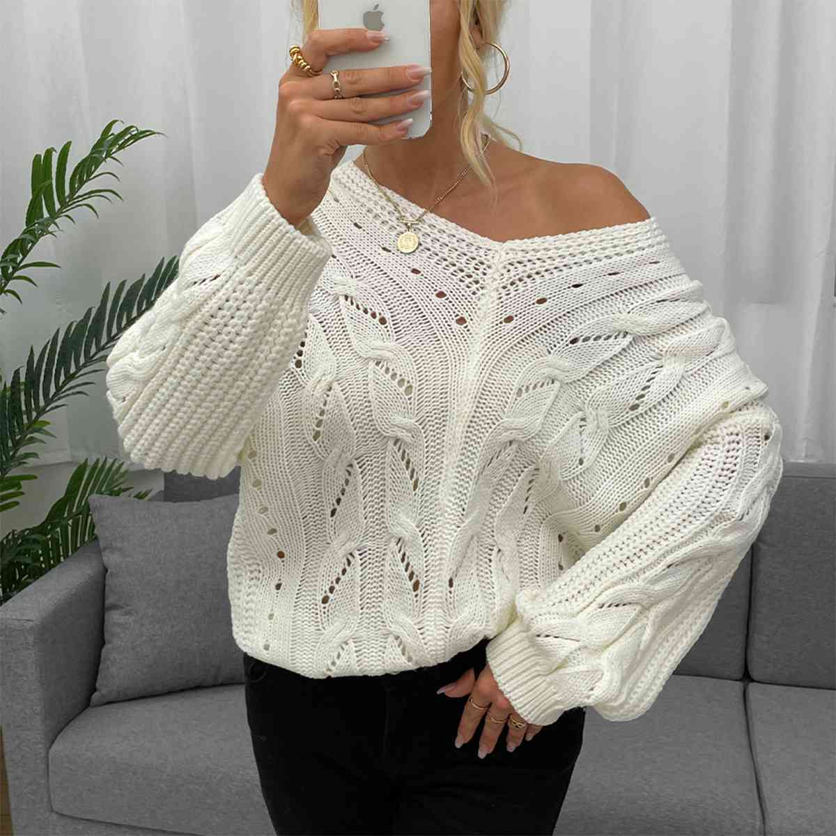 Satchels & Beyond Openwork V-Neck Long Sleeve Sweater