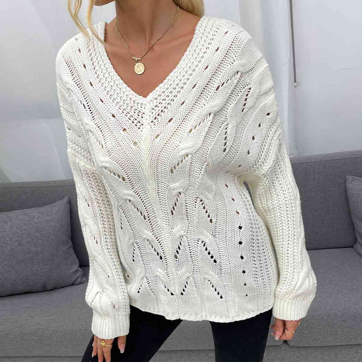 Satchels & Beyond Openwork V-Neck Long Sleeve Sweater