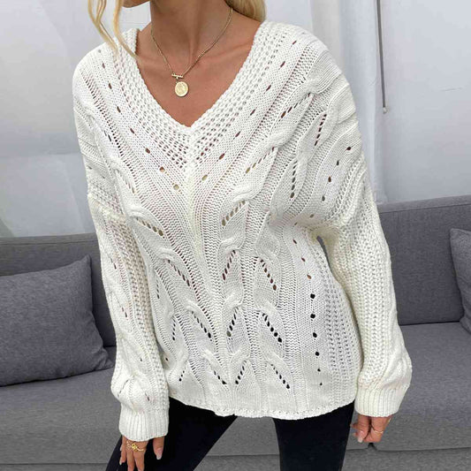 Satchels & Beyond Openwork V-Neck Long Sleeve Sweater