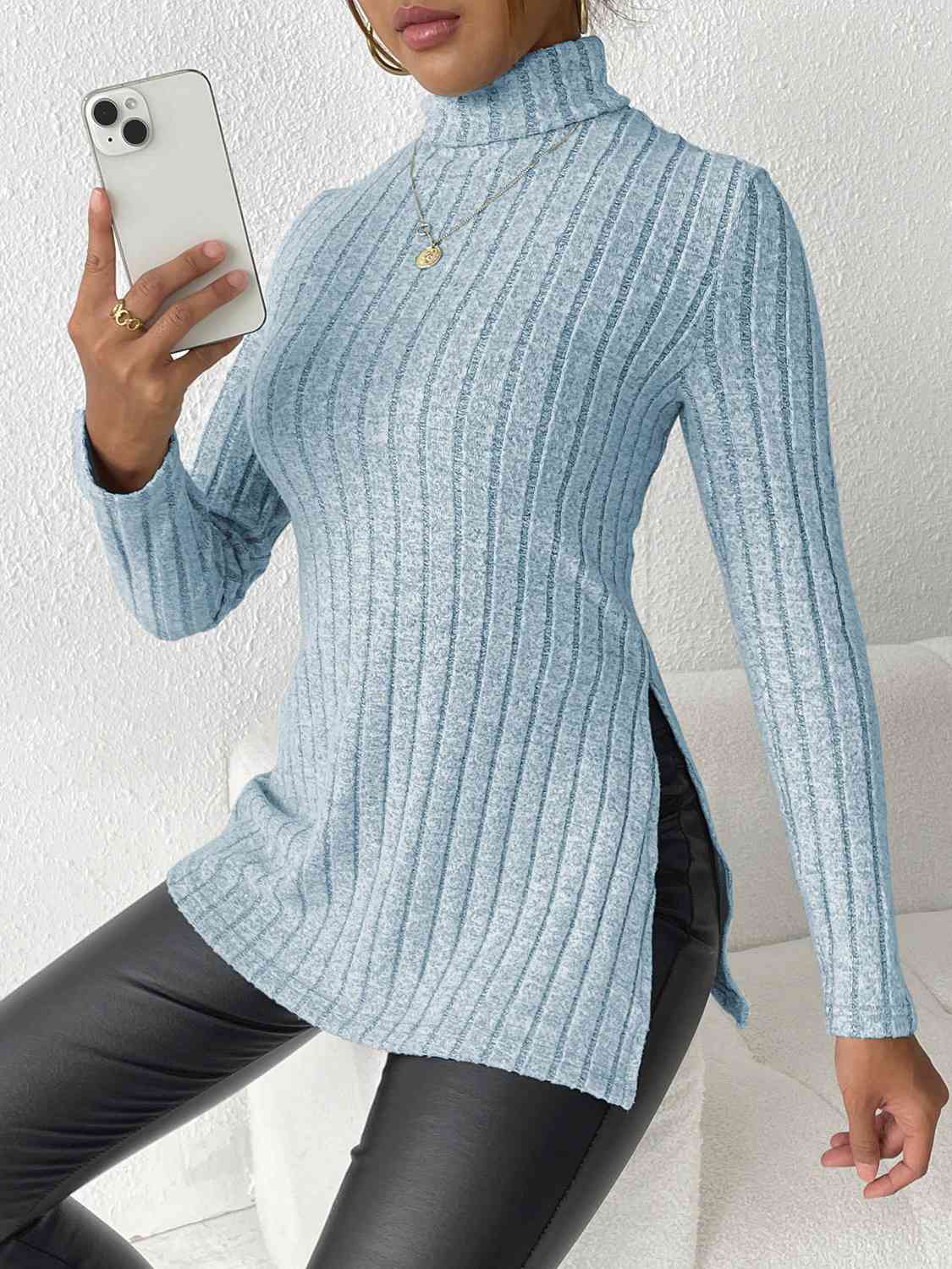 Satchels & Beyond Ribbed Turtleneck Long Sleeve Slit T-Shirt
