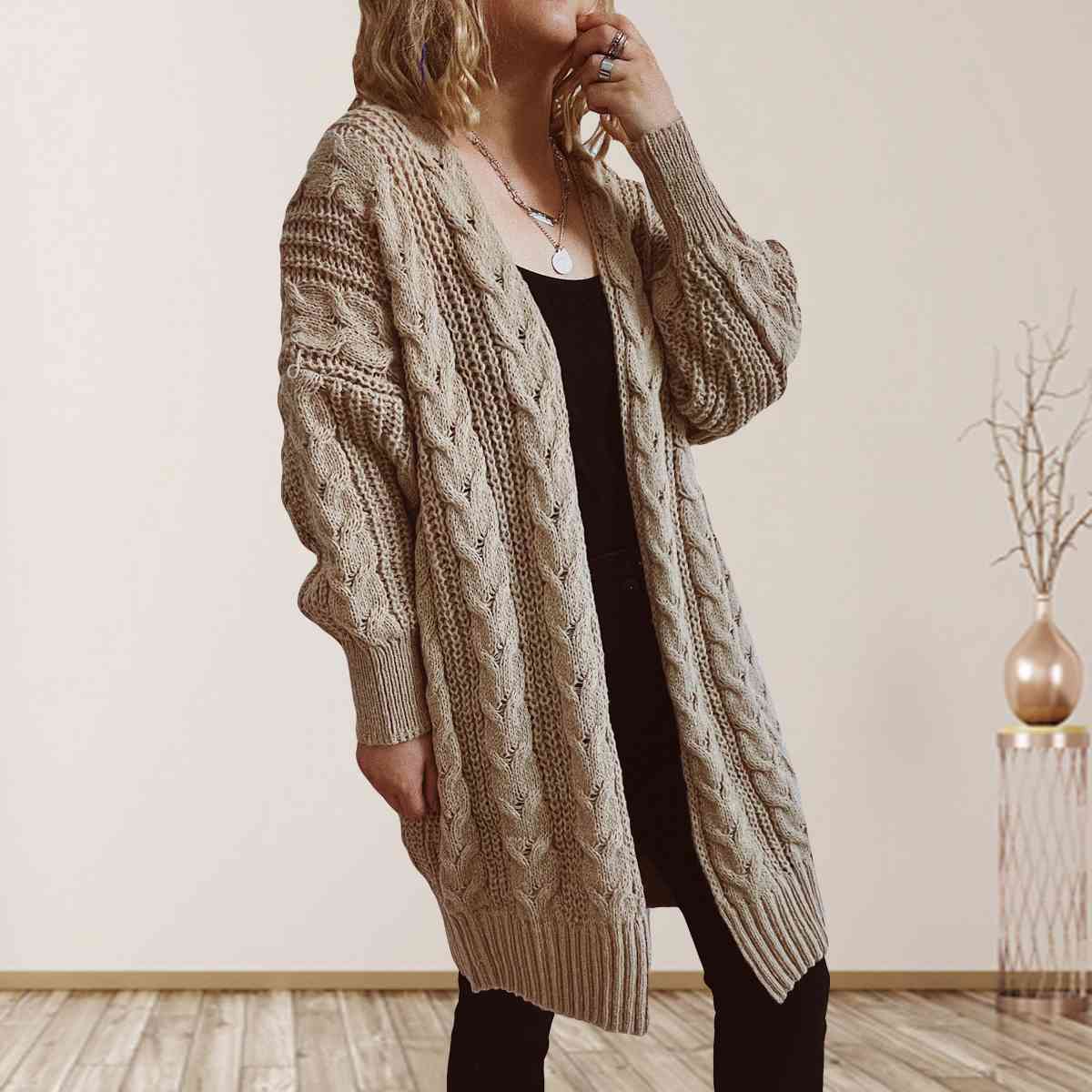 Satchels & Beyond Cable-Knit Open Front Dropped Shoulder Cardigan