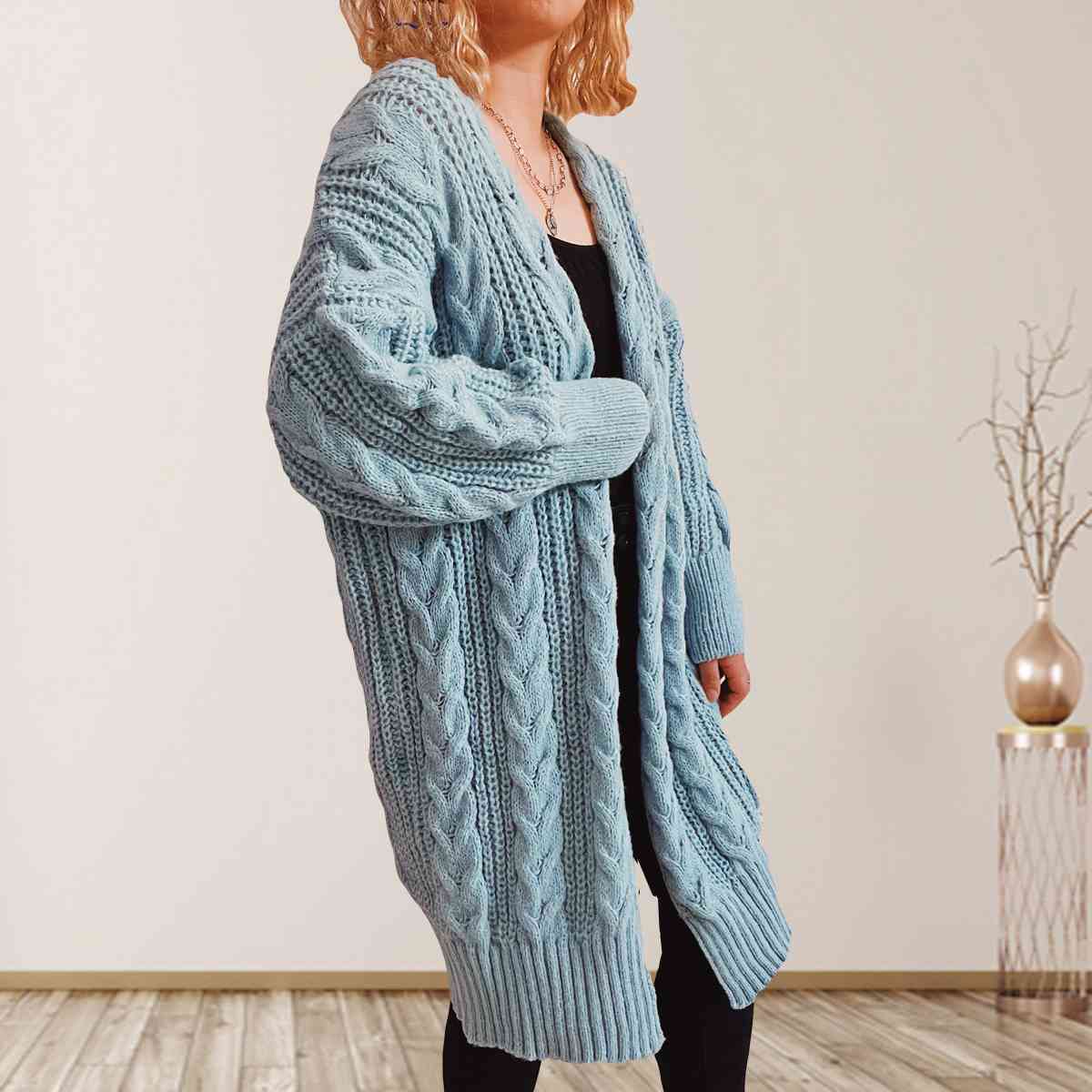 Satchels & Beyond Cable-Knit Open Front Dropped Shoulder Cardigan