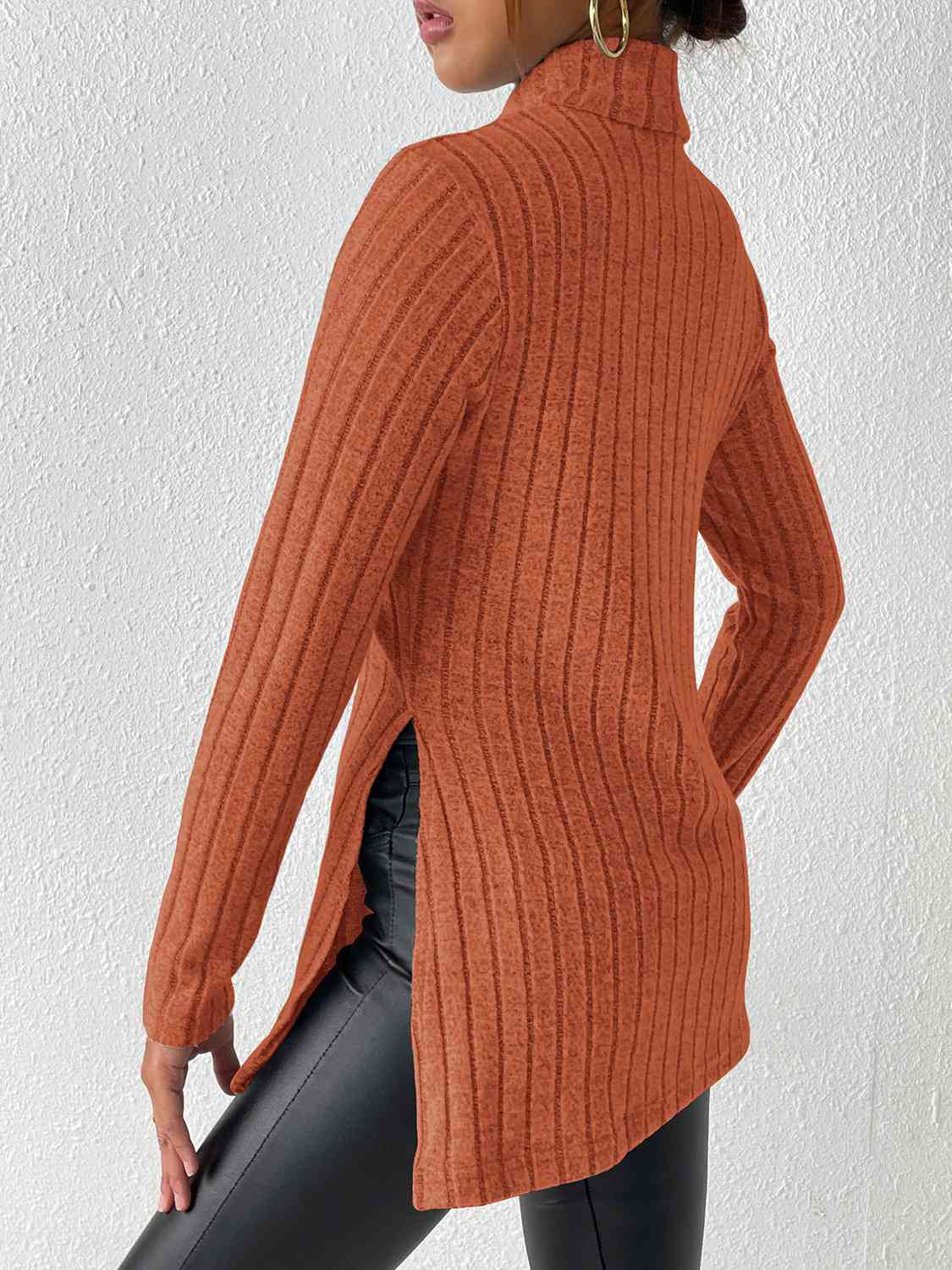 Satchels & Beyond Ribbed Turtleneck Long Sleeve Slit T-Shirt