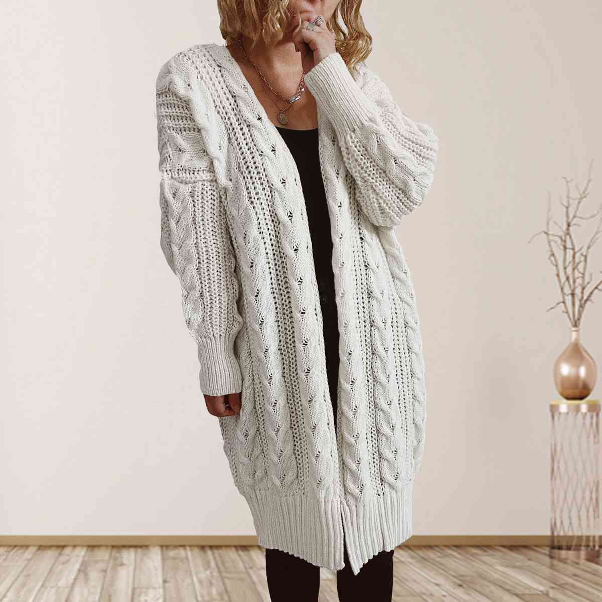 Satchels & Beyond Cable-Knit Open Front Dropped Shoulder Cardigan