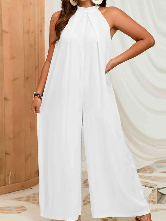 Satchels & Beyond Plus Size Sleeveless Halter Neck Wide Leg Jumpsuit