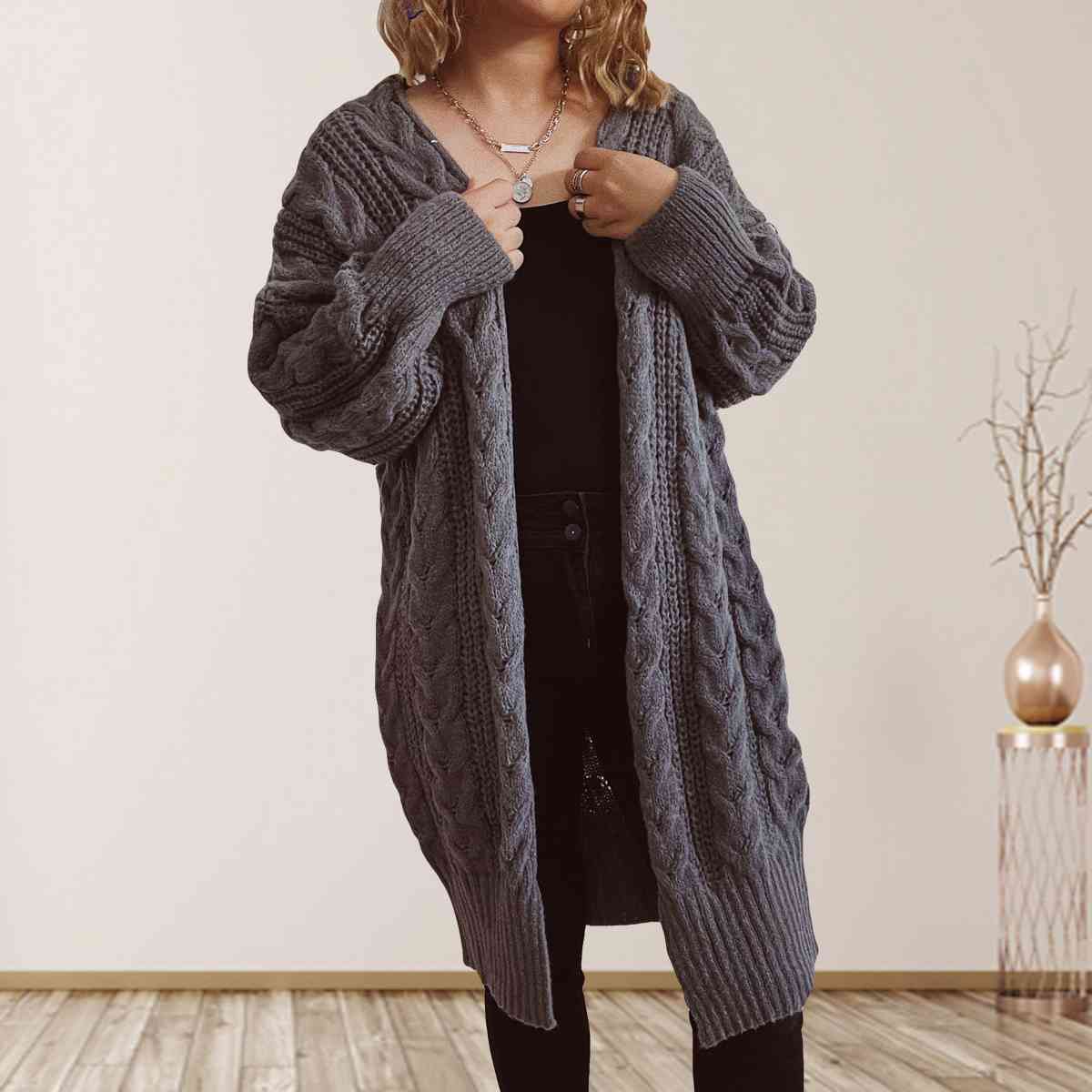 Satchels & Beyond Cable-Knit Open Front Dropped Shoulder Cardigan