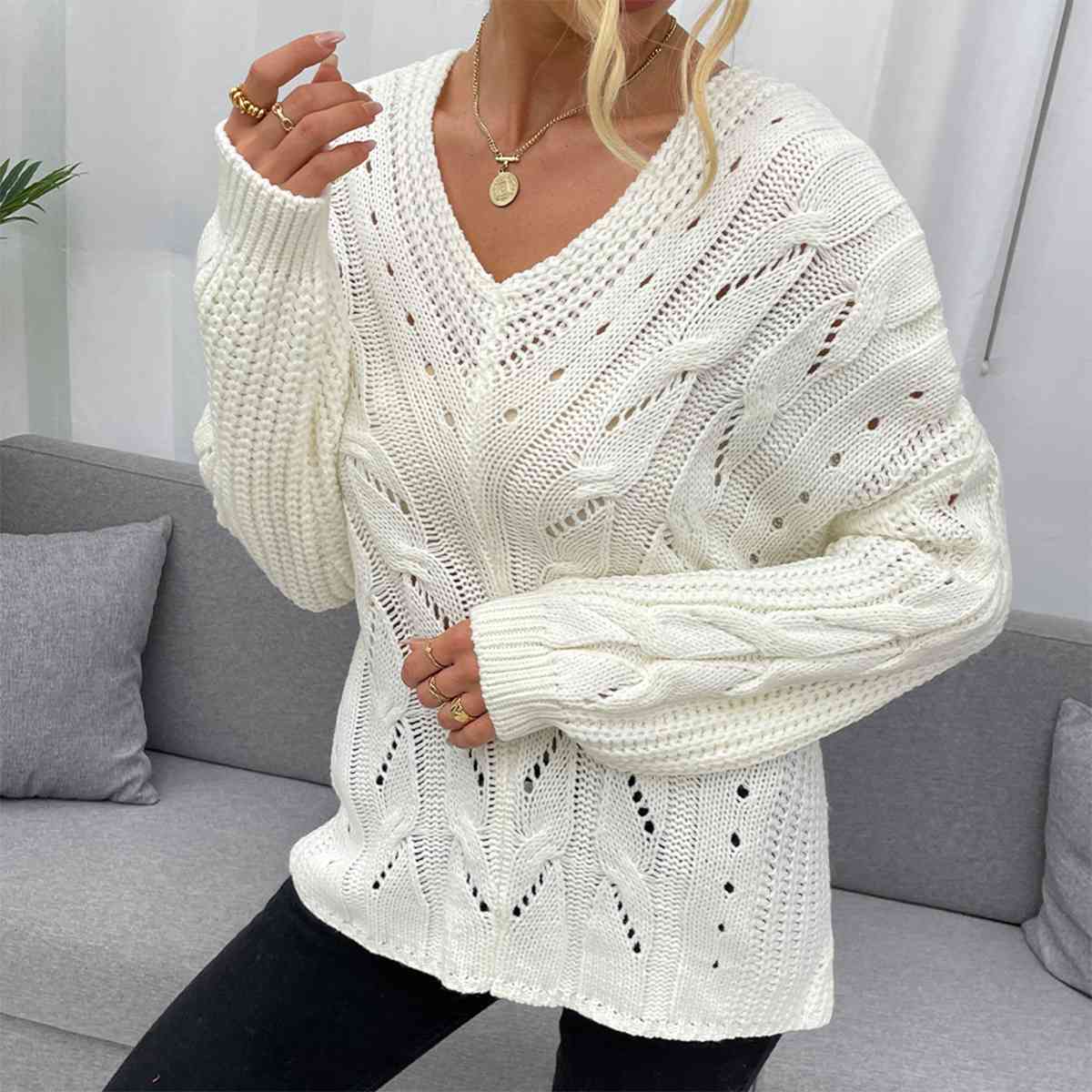 Satchels & Beyond Openwork V-Neck Long Sleeve Sweater