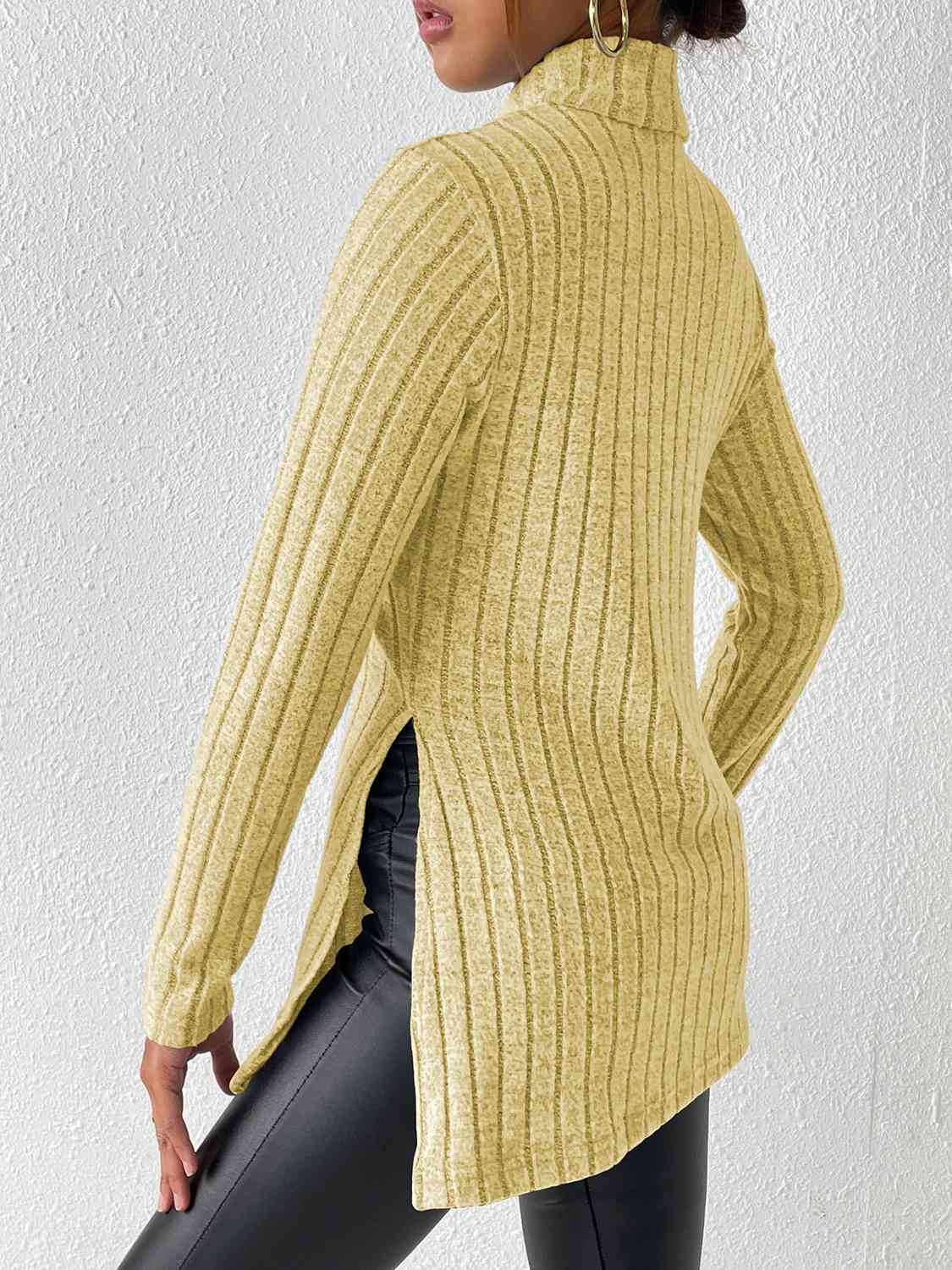 Satchels & Beyond Ribbed Turtleneck Long Sleeve Slit T-Shirt