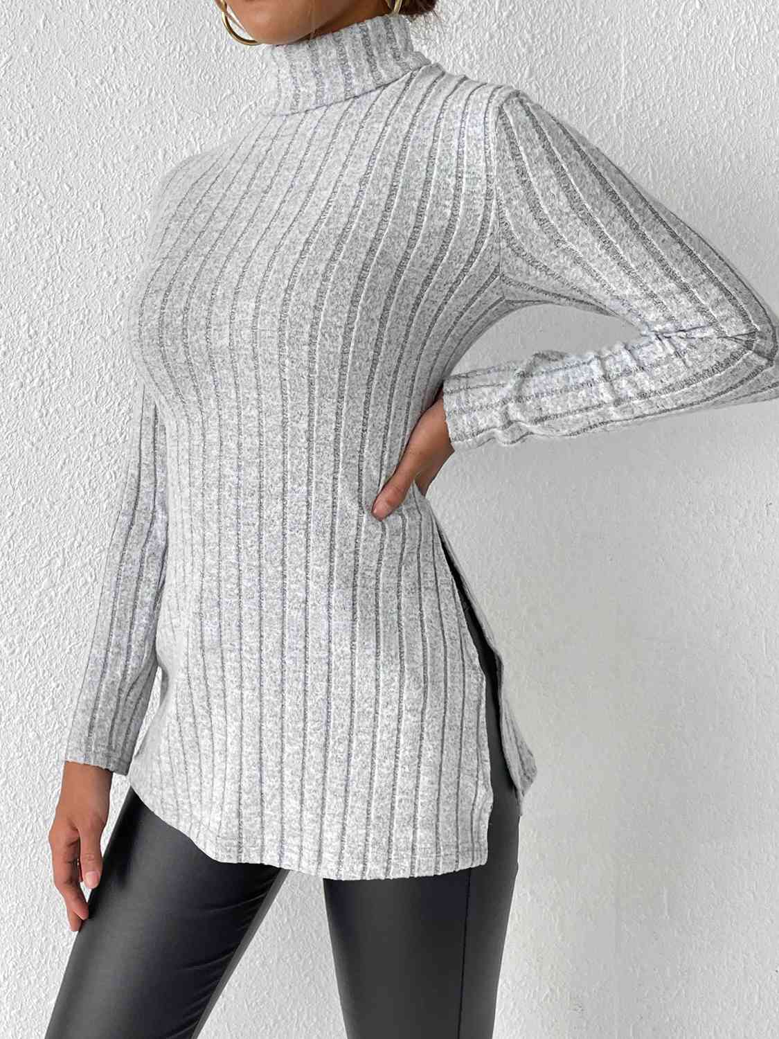 Satchels & Beyond Ribbed Turtleneck Long Sleeve Slit T-Shirt